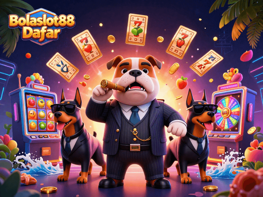 Bolaslot88 Daftar featuring a mafia boss cartoon with colorful slot symbols and money rain effects.