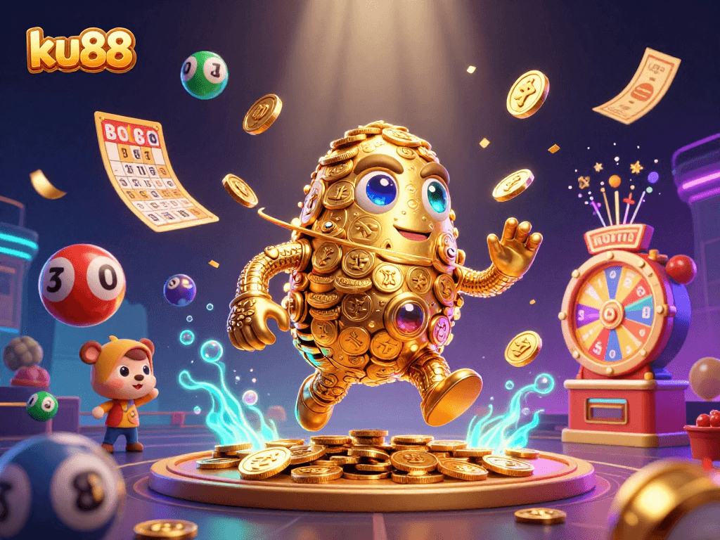ku88 vibrant lottery scene with animated golden golem and colorful elements