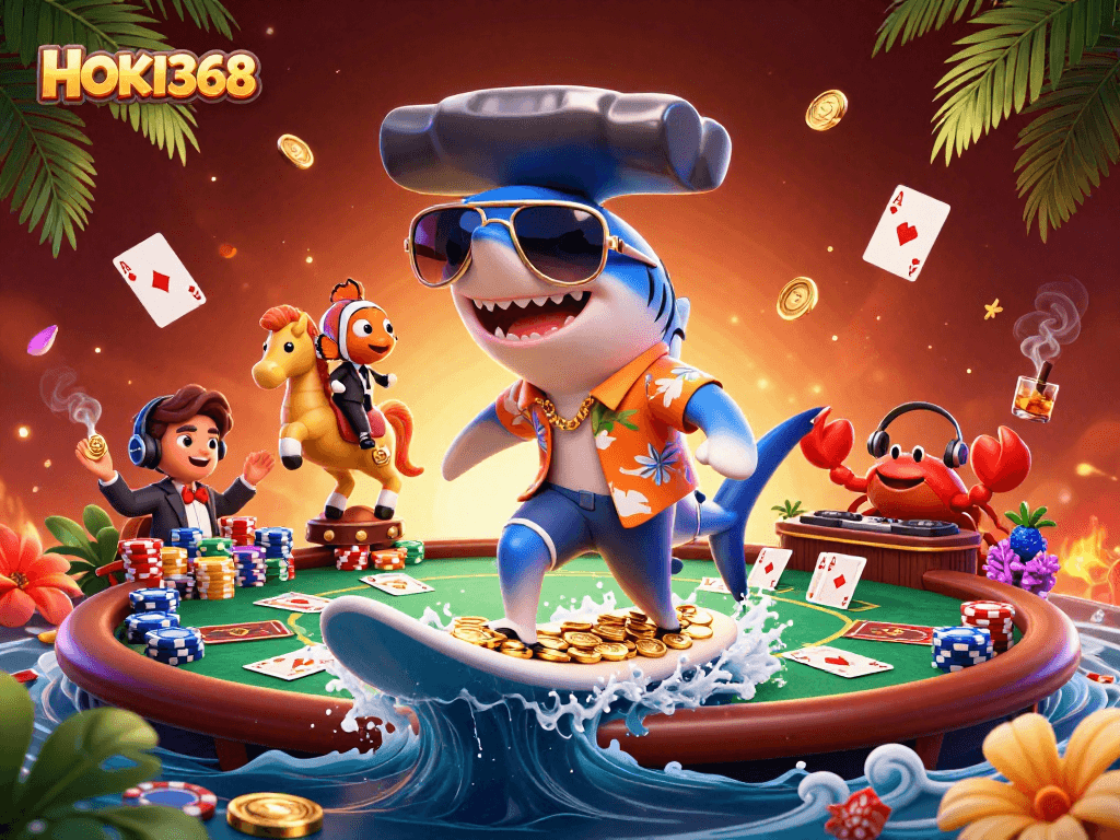 Experience thrilling poker action at HOKI368 with vibrant casino characters in a lively setting.