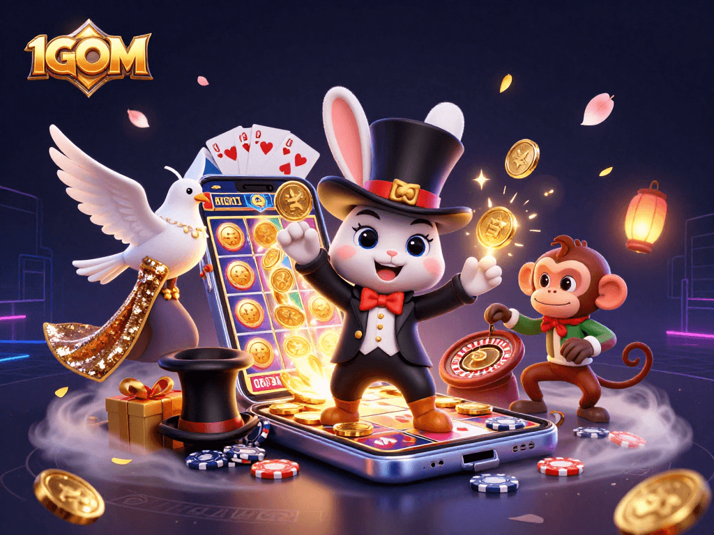 Engage with 1GOM's dynamic casino scene featuring a magician, dove, and monkey amidst gaming elements.
