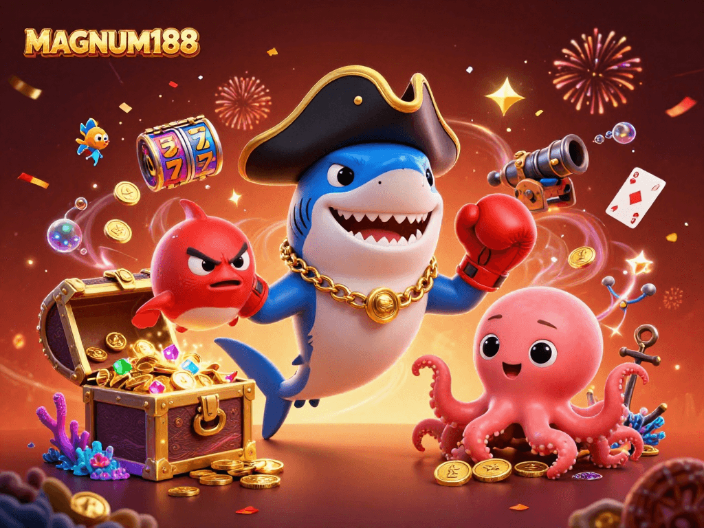 Experience MAGNUM188's thrilling online slots with pirate characters and vibrant casino elements.