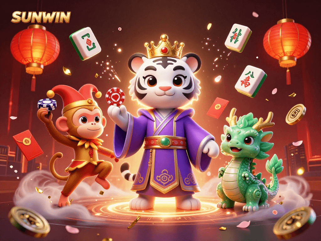SUNWIN gaming scene with a white tiger, juggling monkey, and jade dragon showcasing vibrant casino elements.