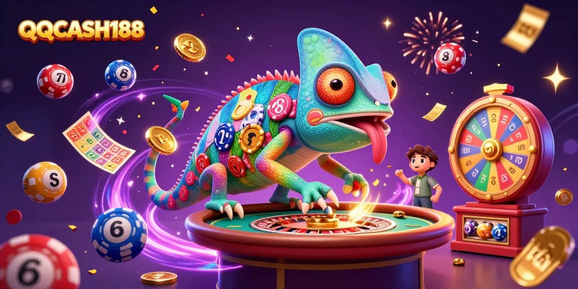 Engage with QQCASH188 through vibrant gambling adventures, featuring a chameleon casino owner surrounded by exciting gaming elements.
