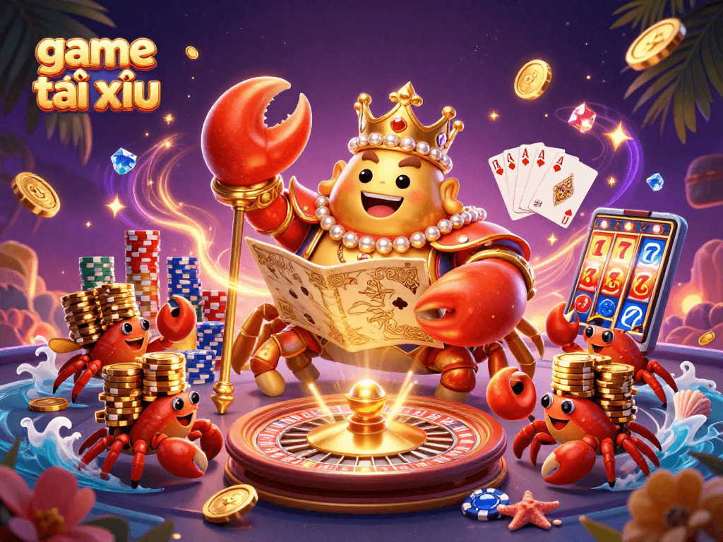 Engage with the vibrant game tài xỉu scene featuring a golden crab emperor and treasures.