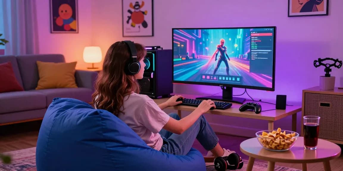 Engaging scene of a woman playing free sex games on a gaming setup in a cozy urban apartment.