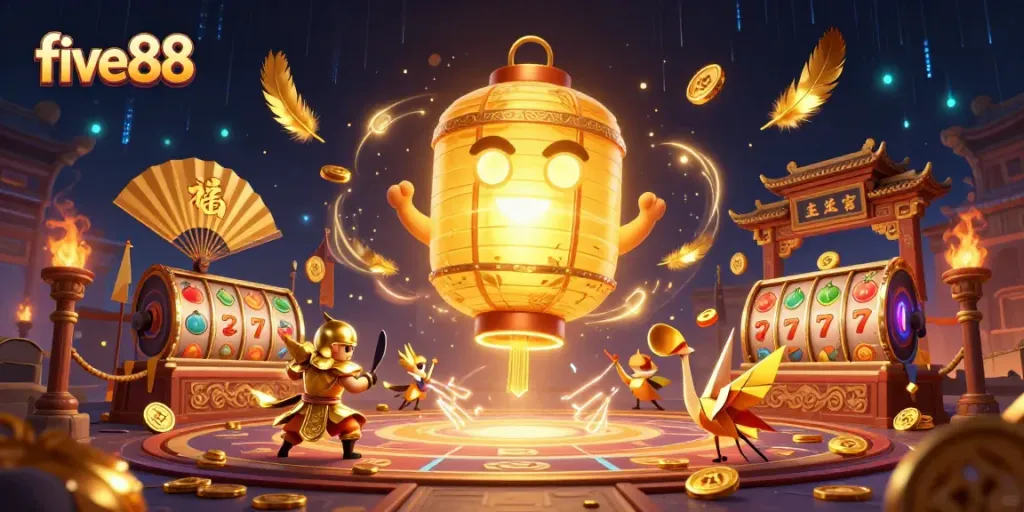 Engage with exciting five88 casino adventures featuring vibrant golden elements, lantern spirits, and dynamic game symbols.