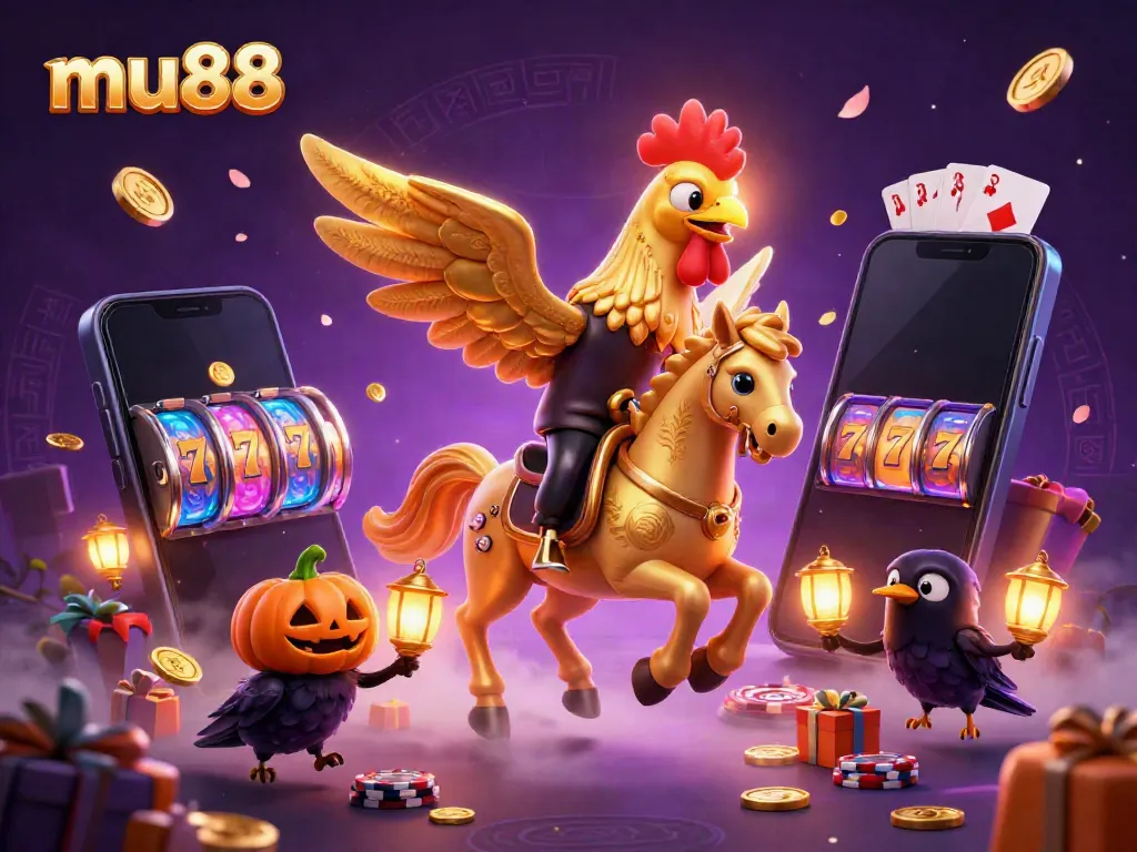 Engage with exciting slot games at mu88 as the golden rooster knight rides through a magical casino.