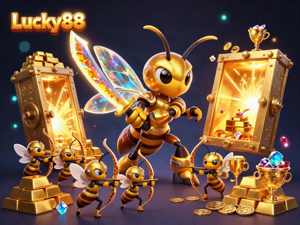Experience the magic of Lucky88 with golden treasure and dynamic bee warriors in an exciting 3D casino illustration.