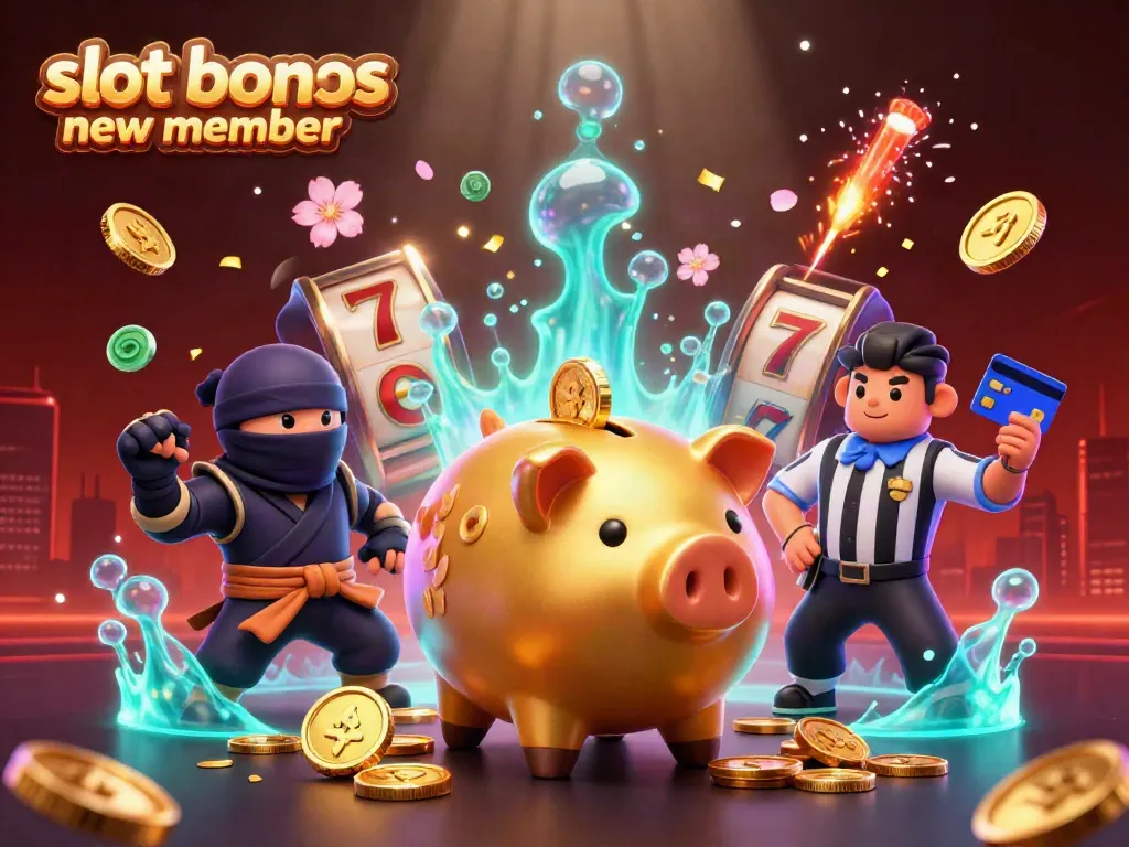 Engage with slot bonus new member action featuring a sumo piggy bank wrestling coins and characters in a vibrant casino scene.