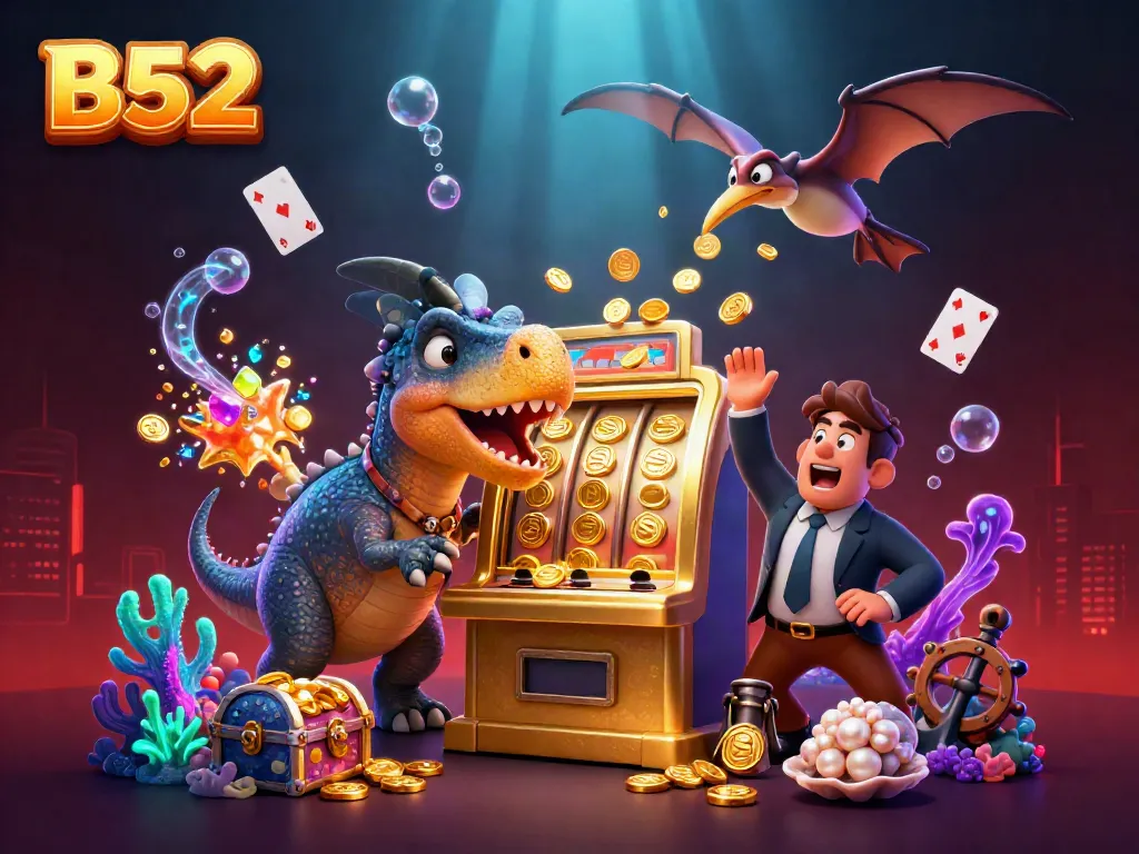 B52 cartoon scene of a dinosaur headbutting a slot machine while coins fly around