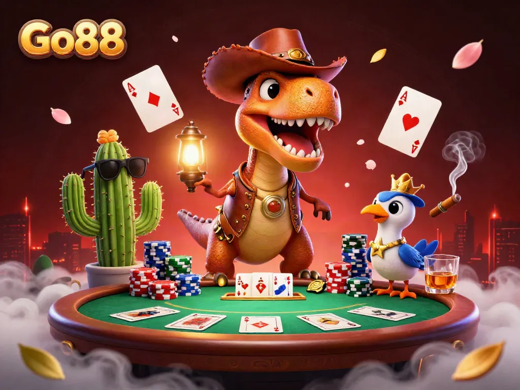 Go88 showcases a lively poker scene with a cartoon T-Rex dinosaur, cactus, and roadrunner in action.