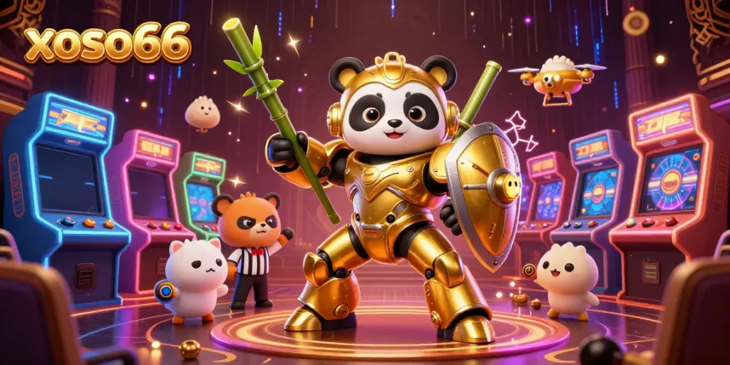 Experience exciting gameplay at xoso66 with dynamic elements and a golden panda mech.