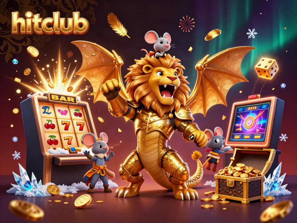 Hitclub's 3D chimera character triumphantly engages players with slot machines bursting coins and vibrant casino elements.
