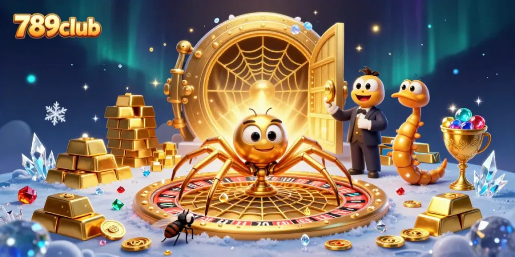 Visualize exciting gameplay with 789club as a golden spider spins the roulette web, creating immersive casino magic.