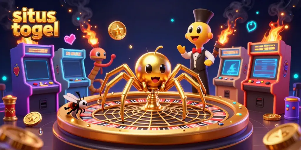 Engaging visual of situs togel with a golden spider and croupier, capturing the excitement of betting