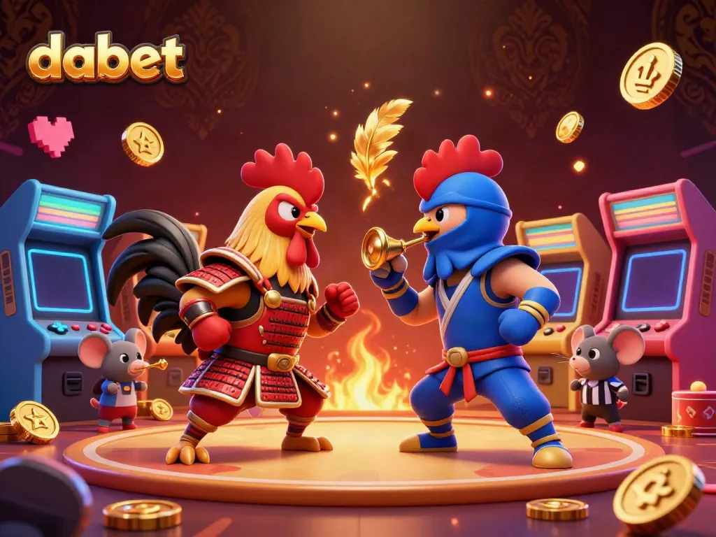 Engage in intense battles with Dabet's cartoon fighting roosters in a vibrant arena.