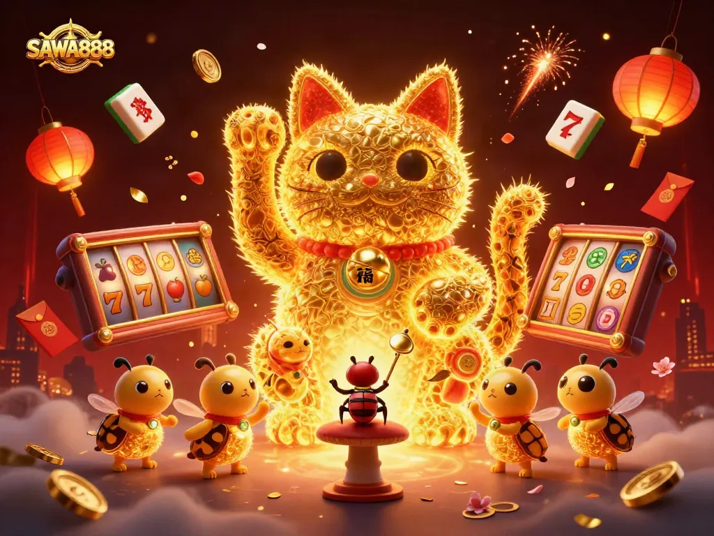 Experience SAWA888's vibrant casino atmosphere with a glowing lucky cat and slot reels.