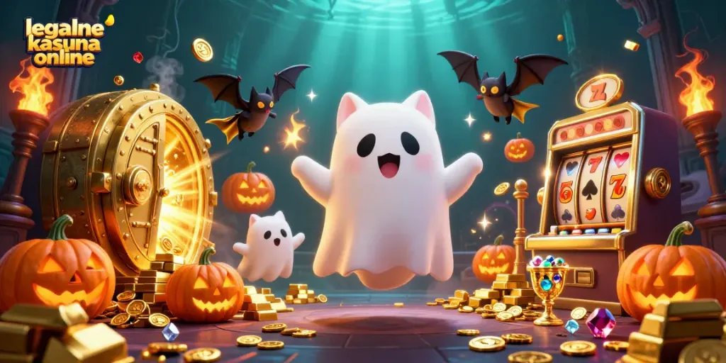 Engage with legalne kasyna online by exploring a fun-filled haunted casino scene with animated characters.