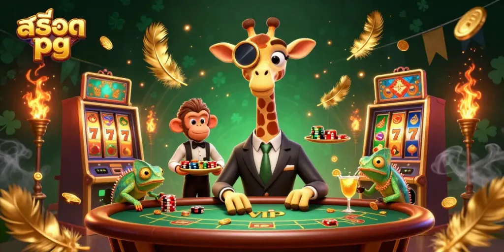 Engage with สล็อต pg as a giraffe in a suit plays slots at a vibrant casino.