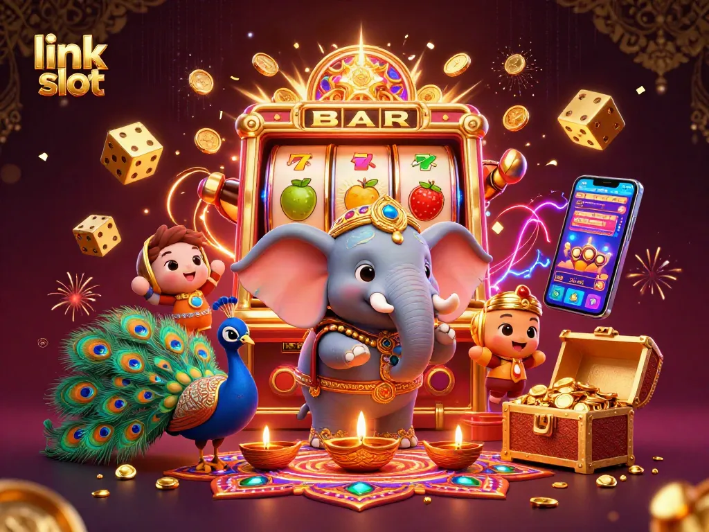 Experience the excitement of link slot machines with vibrant characters and dynamic casino elements in this engaging illustration.