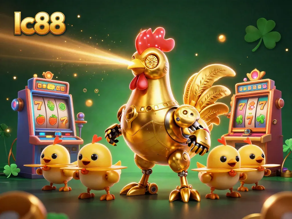 Engage with vibrant lc88 casino adventures featuring a golden rooster robot and baby chick drones amidst colorful slot machines.