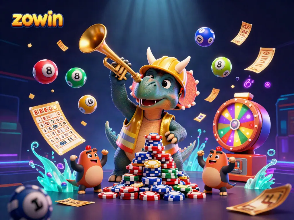 Engaging illustration of zowin showcasing dynamic gambling elements and casino characters celebrating wins.