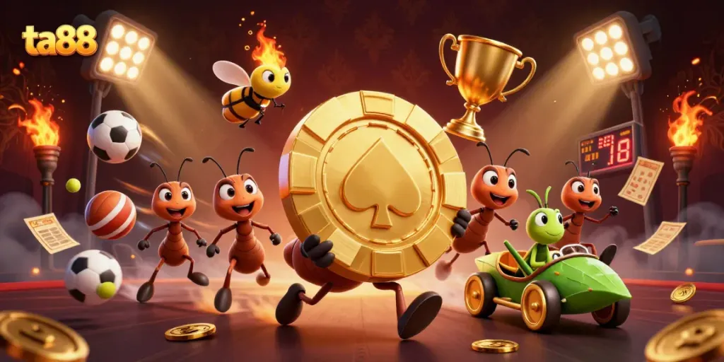 Experience the thrill of ta88 with 3D cartoon ants heisting a golden chip, surrounded by dynamic sports elements.