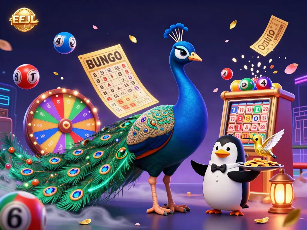 Experience the excitement of EEJL with a dazzling casino scene featuring a peacock, penguin, and hummingbird intermingled with colorful lottery elements.