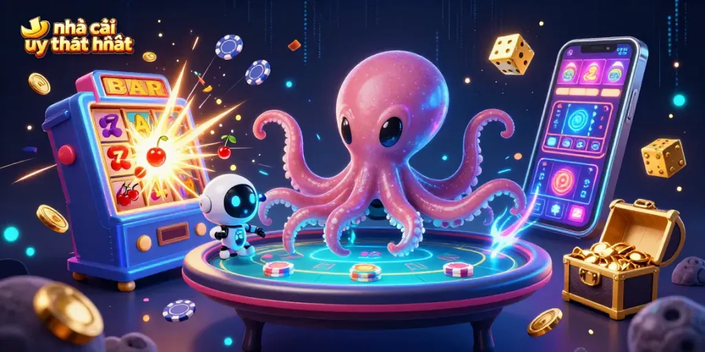 Experience the excitement at nhà cái uy tín nhất with an alien octopus and vibrant poker elements.