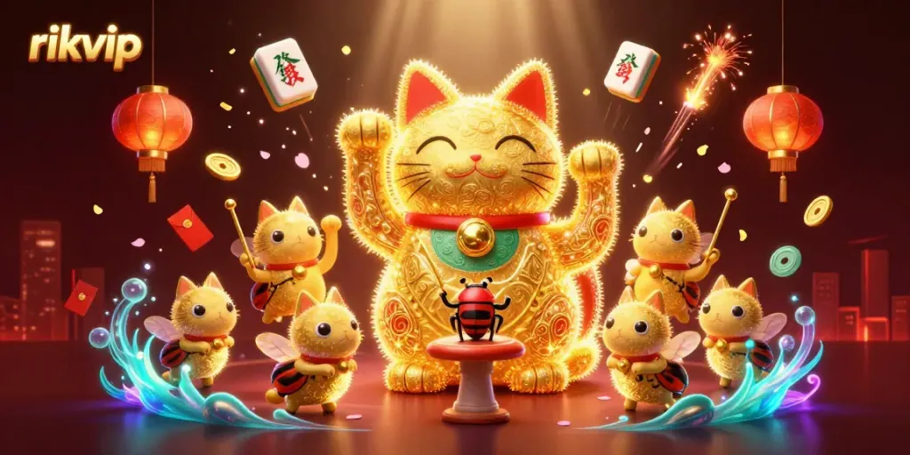 Experience the vibrant world of rikvip with a golden cat and casino symbols in action.