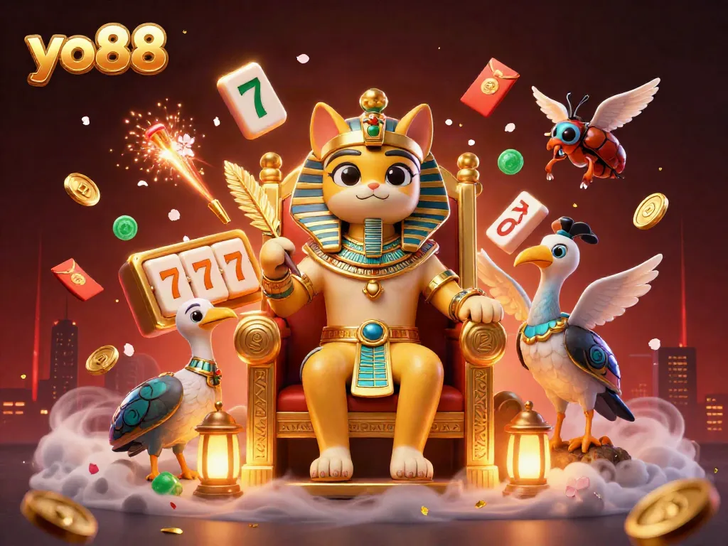 Experience the thrill of yo88 with rich gameplay featuring a 3D Egyptian pharaoh cat surrounded by casino elements.