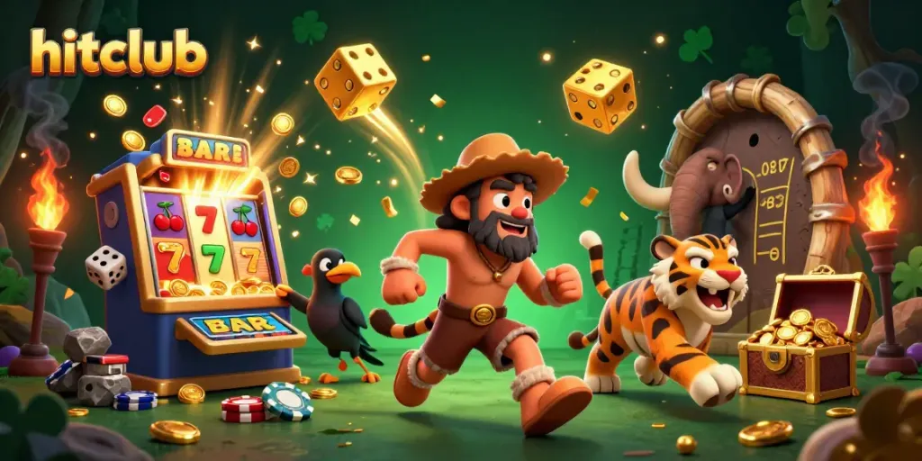 Experience the thrill of hitclub with engaging characters in a prehistoric casino scene, featuring vibrant game elements and dynamic actions.