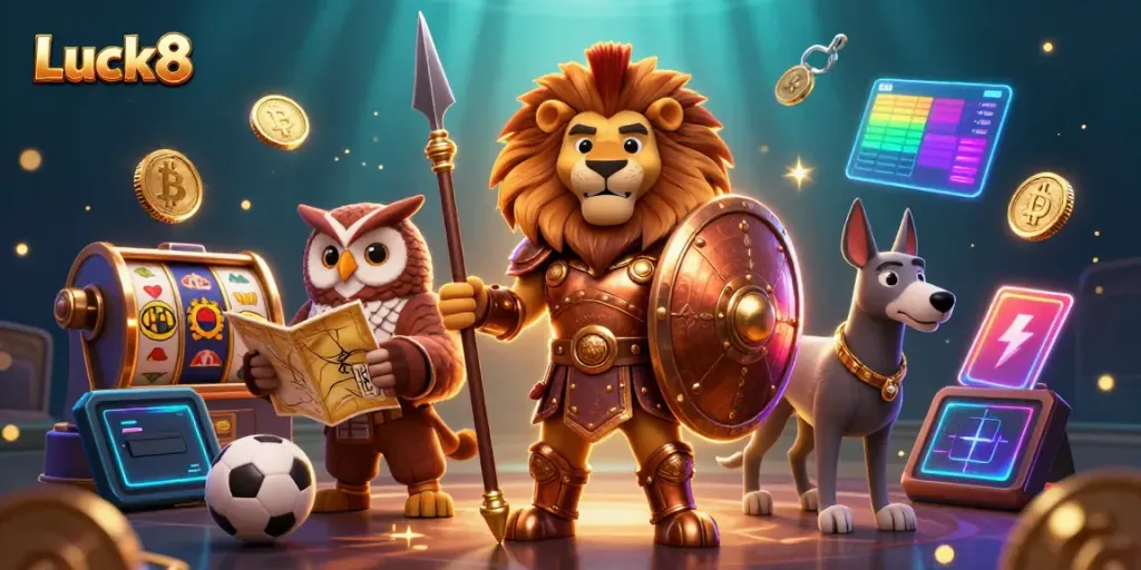 Experience thrilling gaming with Luck8's vibrant illustration featuring a Spartan lion, owl strategist, and greyhound amidst casino elements.