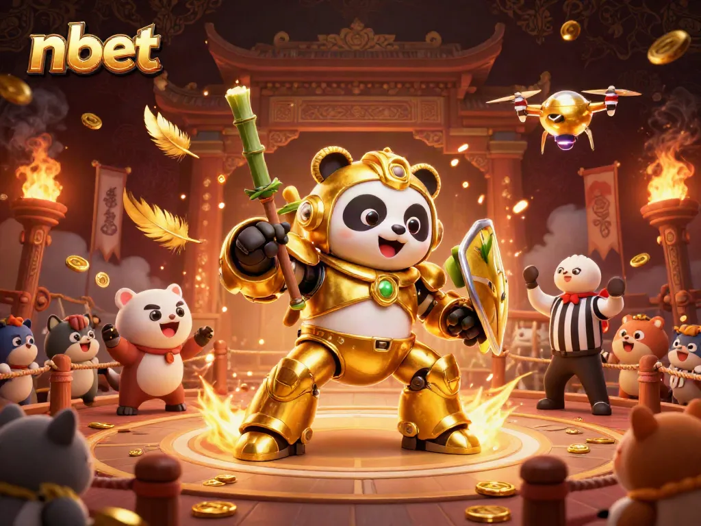 Engage with Nbet's thrilling gaming experience featuring a golden mech-suit panda in action.