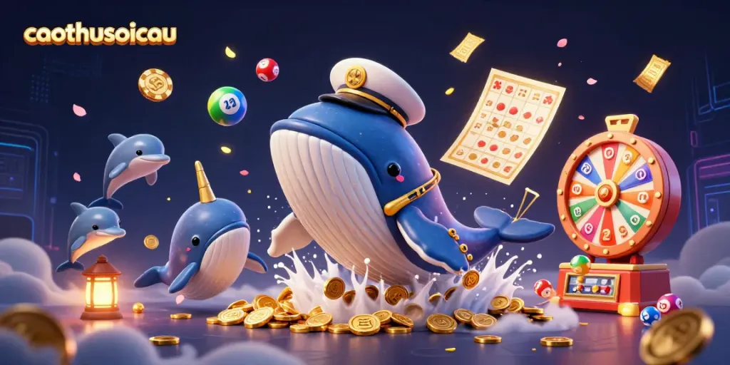 Engage with caothusoicau's vibrant casino scene featuring playful marine creatures amidst dazzling lottery elements.