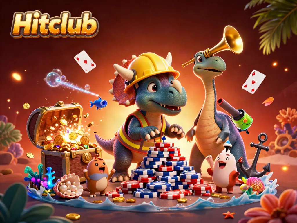 Hitclub’s vibrant gamified world showcases a triceratops building poker chips amidst sparkling treasures, celebrating gameplay.