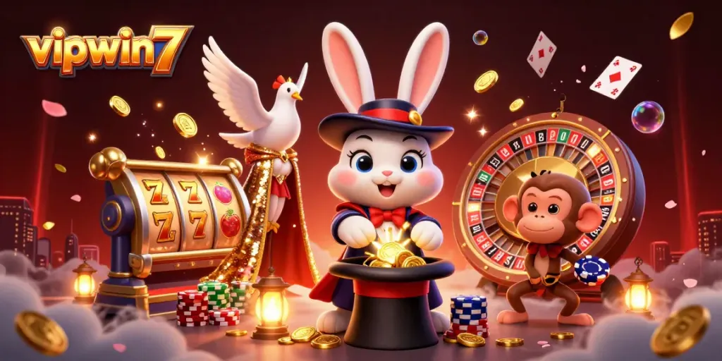 Experience excitement with vipwin7 in a vibrant casino scene filled with games and fun characters.
