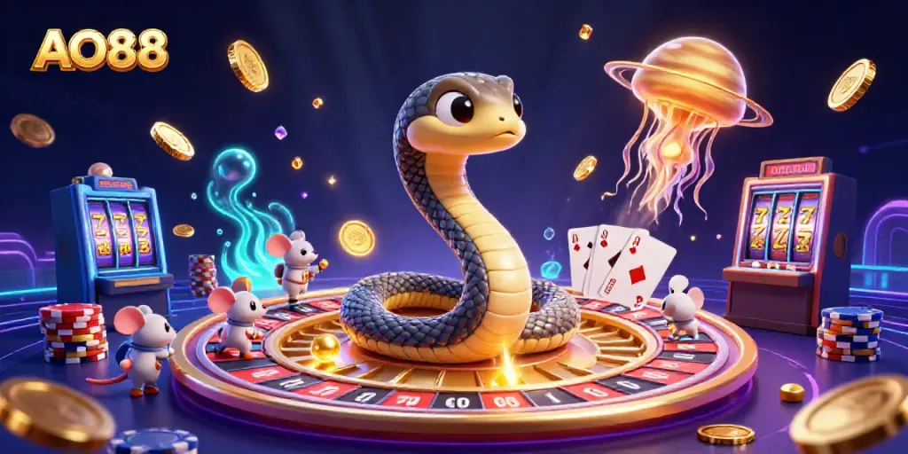Experience the excitement of AO88 with a cosmic roulette game featuring whimsical characters and dazzling elements.
