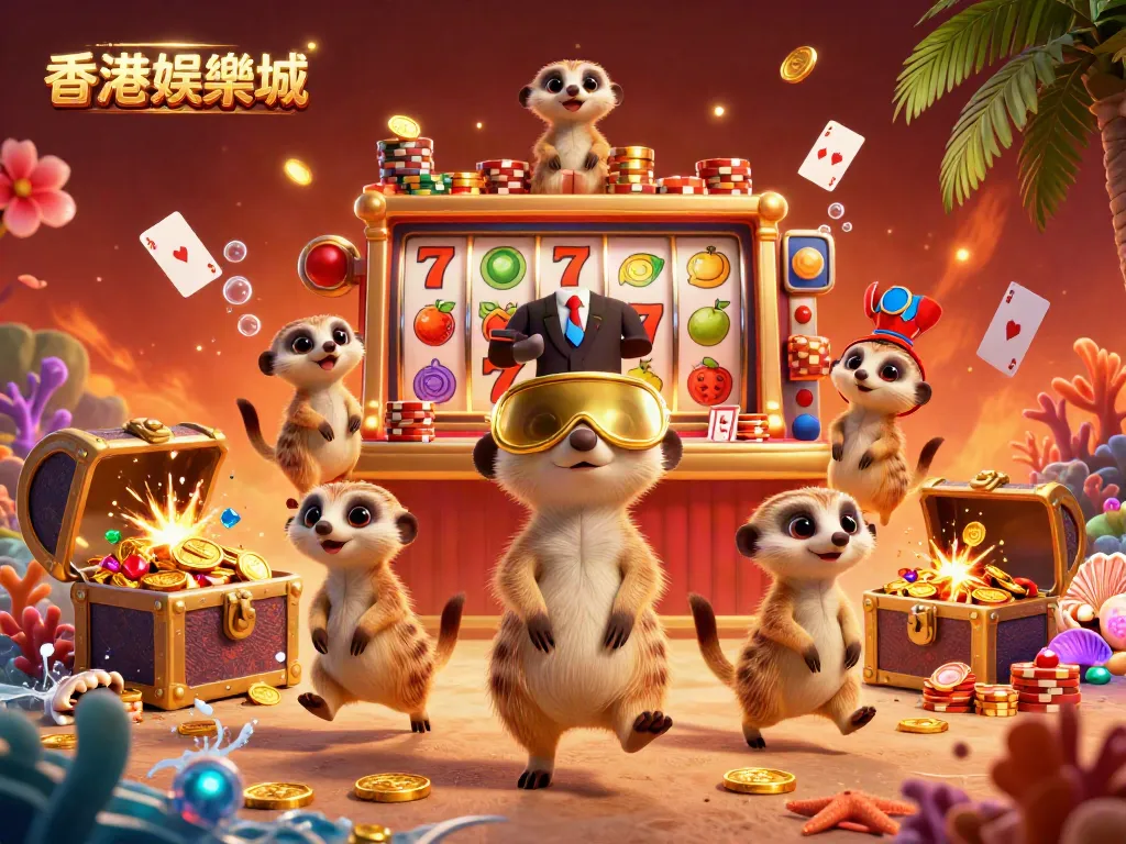 Experience the thrill of 香港娛樂城 with a lively 3D meerkat casino scene filled with vibrant gaming elements.