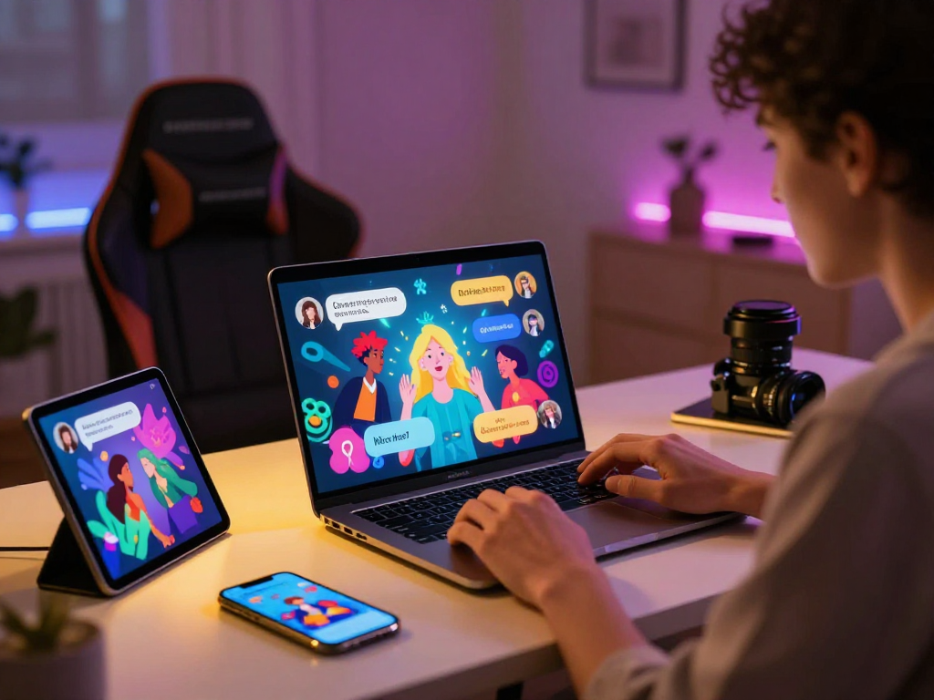 Engaging in porn ai chat with immersive visuals and colorful characters on a laptop screen.