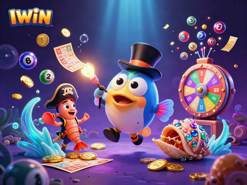 IWIN engages players with an exciting underwater casino scene featuring vibrant games and treasure.