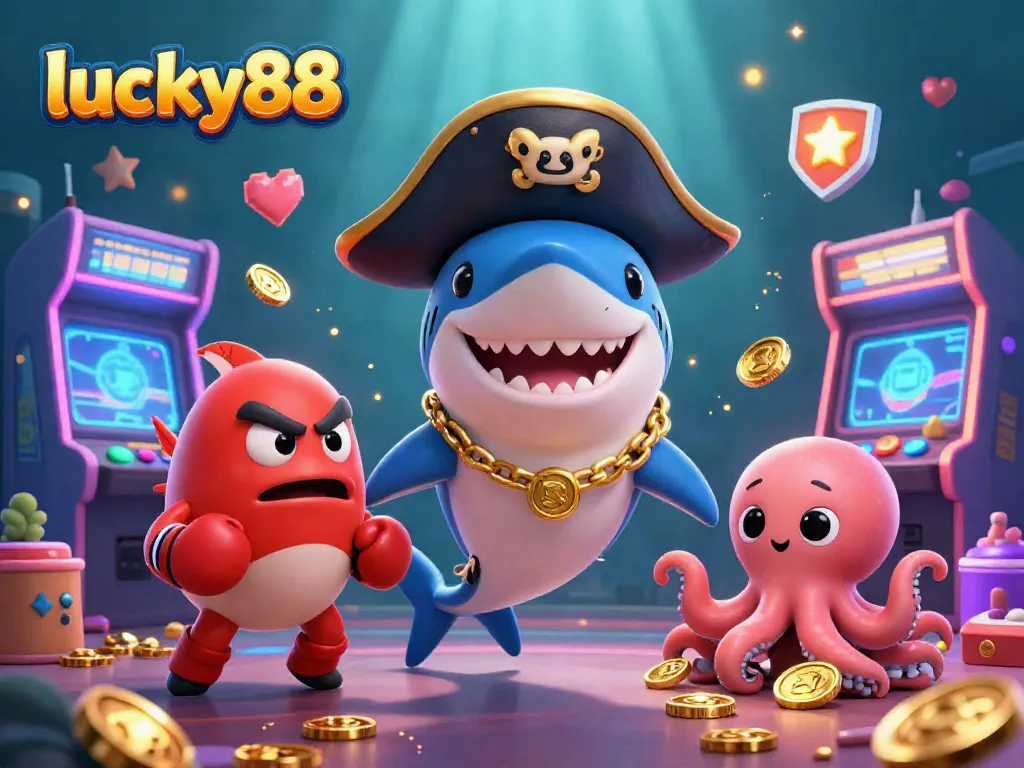 Play games and win big with lucky88's vibrant 3D casino illustration featuring exciting characters and arcade elements.