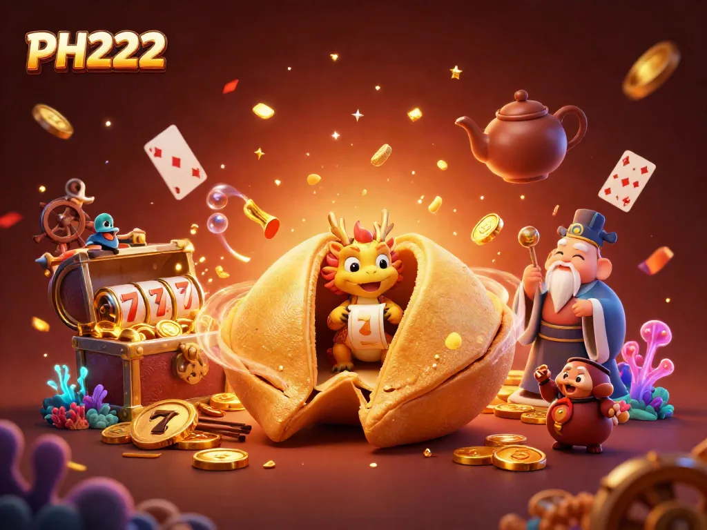 Watch PH222 bring luck as a wise dragon reveals fortunes from a golden cookie amid glowing casino treasures.
