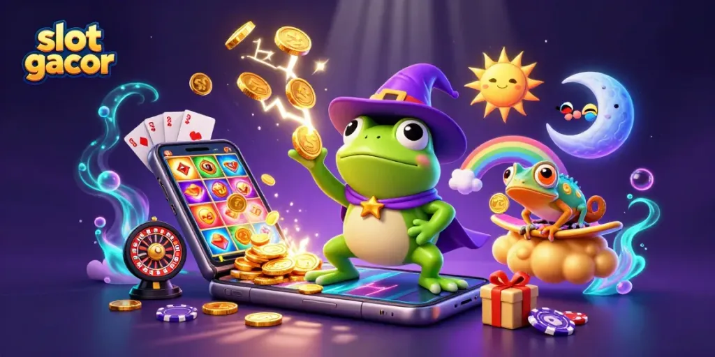 Experience slot gacor excitement with dynamic elements featuring a wizard frog and chameleon in a vibrant casino scene.