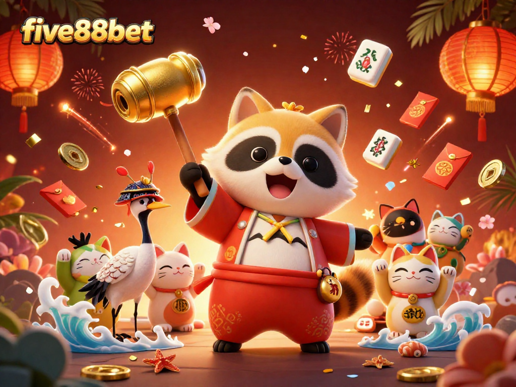 Experience five88bet’s vibrant gaming atmosphere with cheerful characters and festive elements celebrating luck.