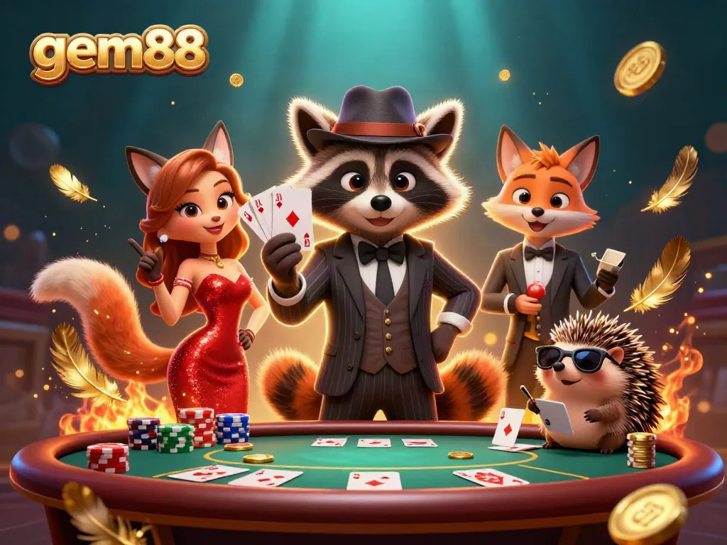 Engage with gem88 in this vibrant poker scene featuring playful characters and dynamic elements.