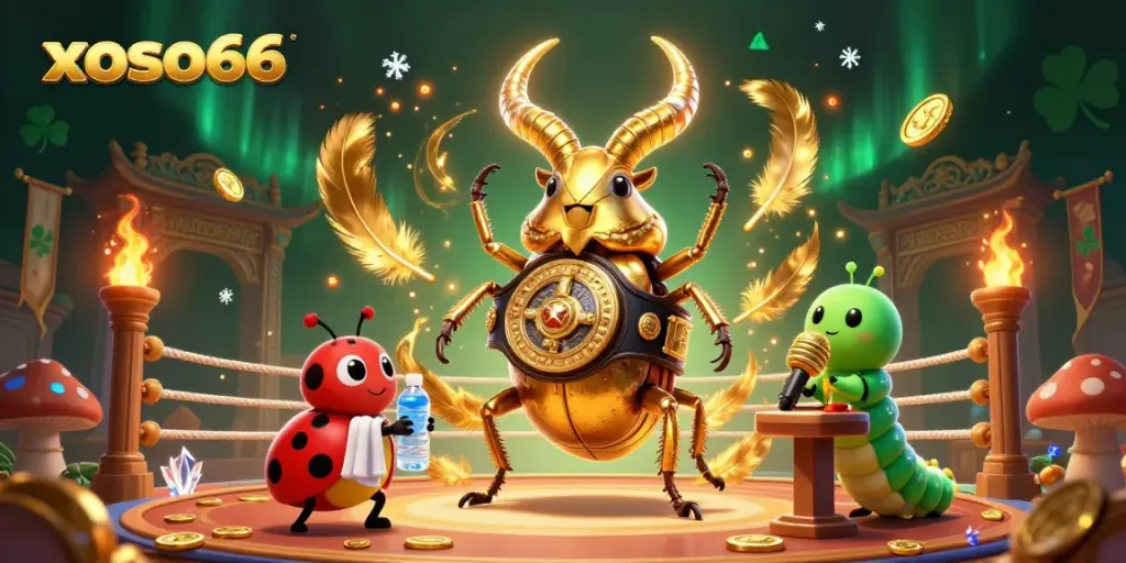 Bet on excitement with xoso66: A vibrant 3D illustration of a boxing beetle surrounded by an engaging casino scene.