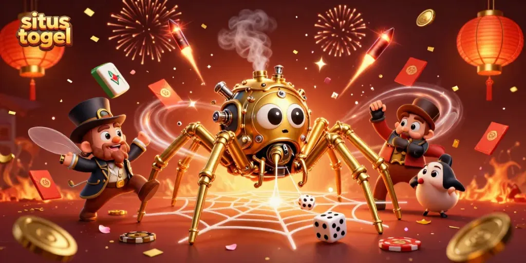 Experience situs togel excitement with a vibrant steampunk spider web illustration featuring dynamic casino elements.