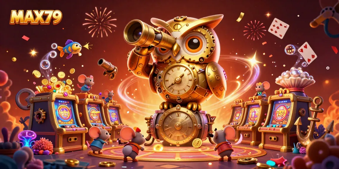 MAX79 offers exciting gameplay with a clockwork owl overseeing vibrant casino activities.