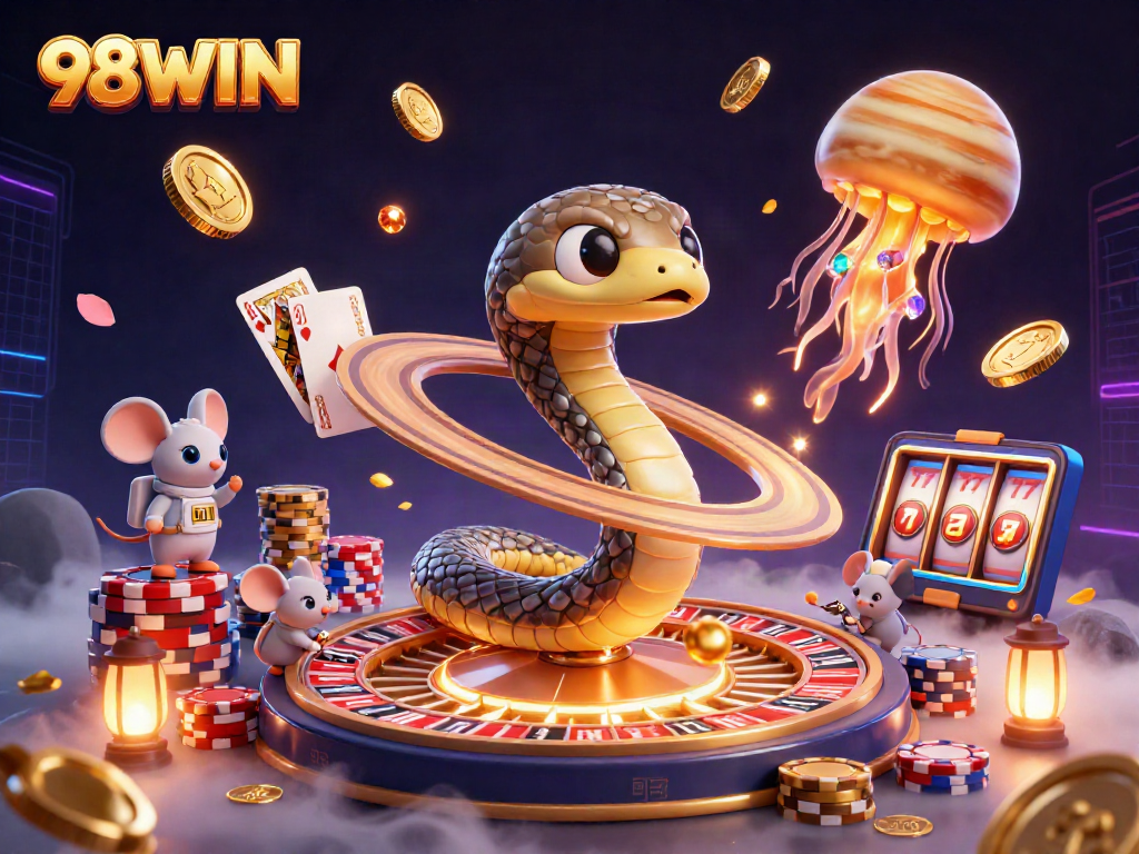 Experience thrilling play at 98WIN with lively characters and dynamic casino elements in a rich 3D scene.